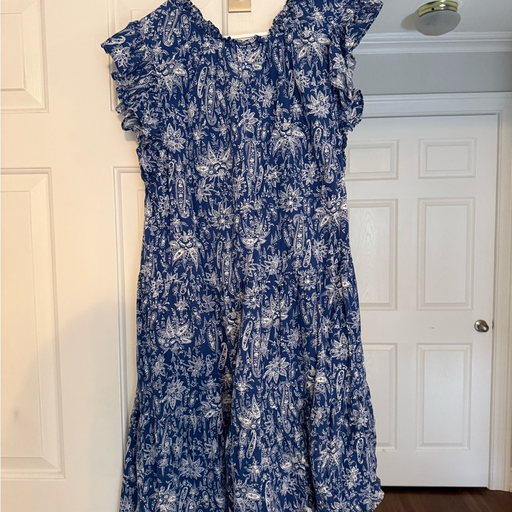 Women’s Blue Paisley Ruffle-Sleeve Dress